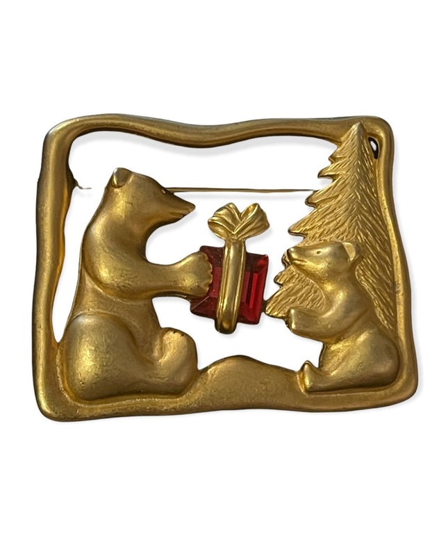 Bears giving red crystal present under tree christmas brooch gold metal