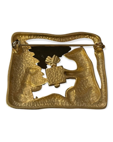 Bears giving red crystal present under tree christmas brooch gold metal
