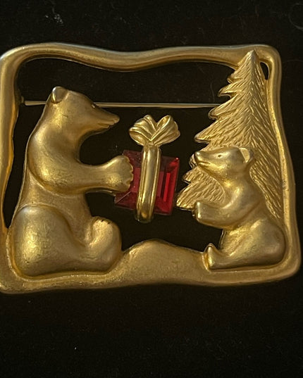 Bears giving red crystal present under tree christmas brooch gold metal