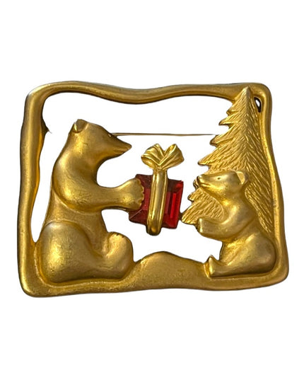 Bears giving red crystal present under tree christmas brooch gold metal