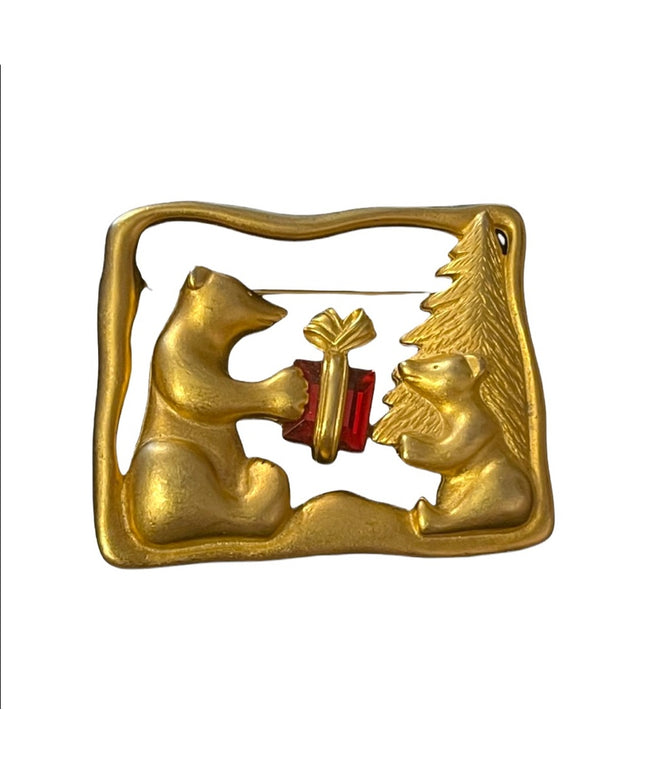 Bears giving red crystal present under tree christmas brooch gold metal