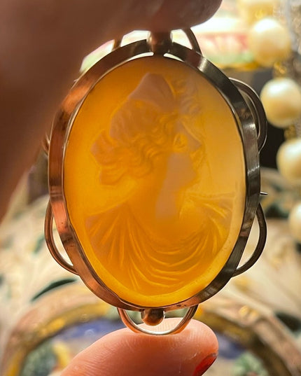 Antique Large 10k Gold Filled Shell Carnelian Shell Dianna Cameo 1850 Victorian