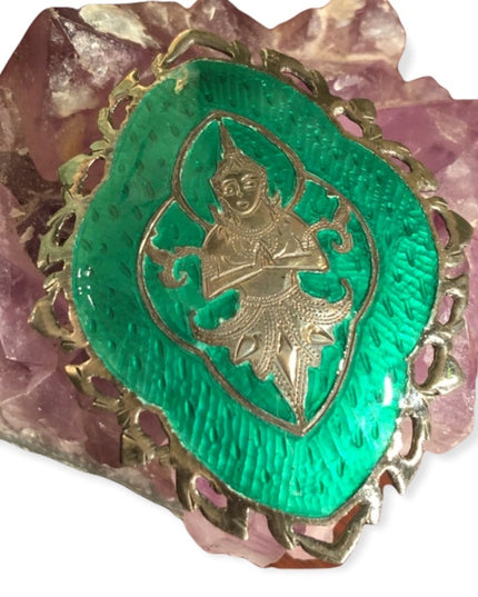 Vintage 1950s Siam Sterling Buddah Brooch green enameled Nielo