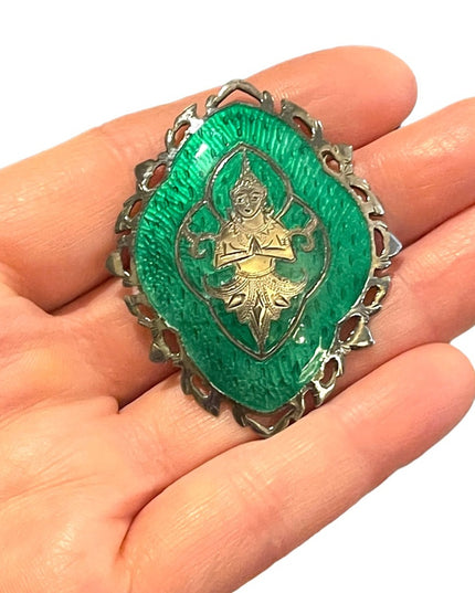 Vintage 1950s Siam Sterling Buddah Brooch green enameled Nielo