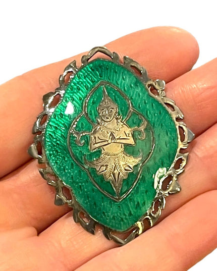 Vintage 1950s Siam Sterling Buddah Brooch green enameled Nielo