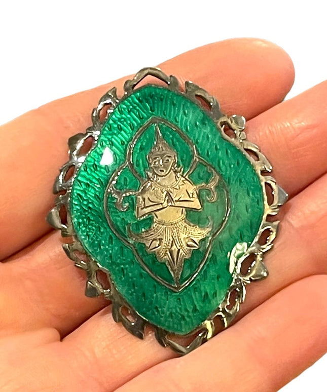 Vintage 1950s Siam Sterling Buddah Brooch green enameled Nielo