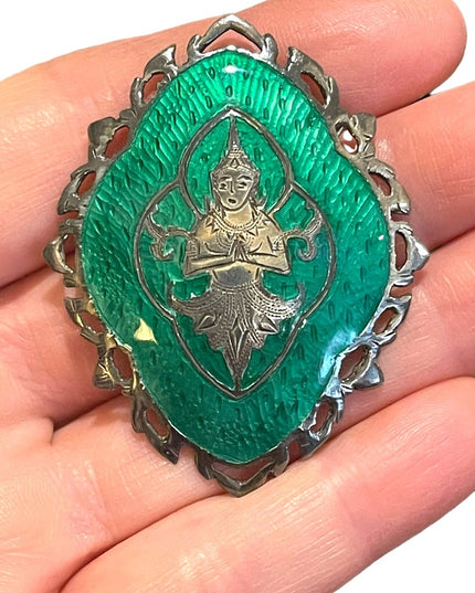 Vintage 1950s Siam Sterling Buddah Brooch green enameled Nielo