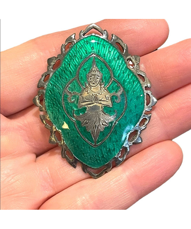 Vintage 1950s Siam Sterling Buddah Brooch green enameled Nielo