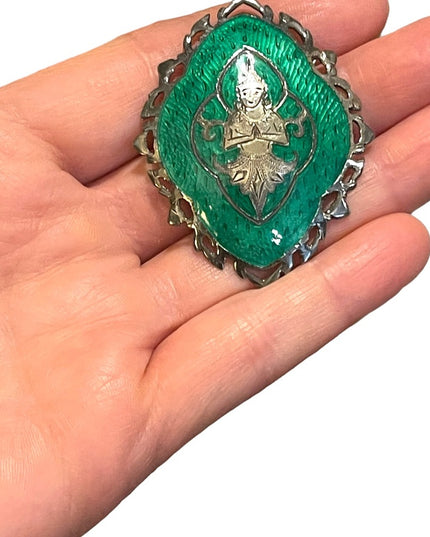 Vintage 1950s Siam Sterling Buddah Brooch green enameled Nielo