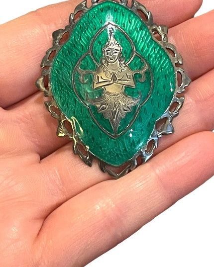 Vintage 1950s Siam Sterling Buddah Brooch green enameled Nielo