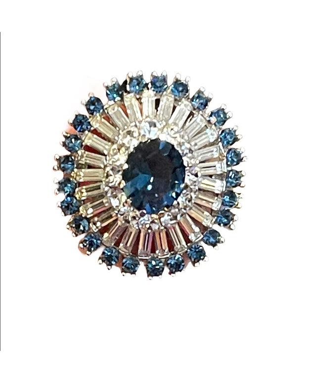 Vintage 1950s Beautiful Blue Crystal Vintage brooch starburst silver finish