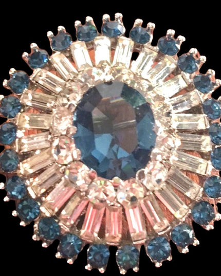 Vintage 1950s Beautiful Blue Crystal Vintage brooch starburst silver finish