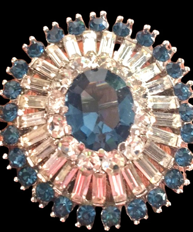 Vintage 1950s Beautiful Blue Crystal Vintage brooch starburst silver finish