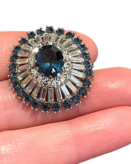 Vintage 1950s Beautiful Blue Crystal Vintage brooch starburst silver finish