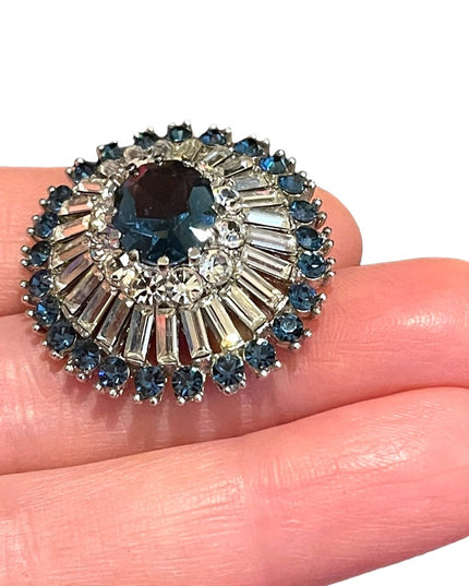 Vintage 1950s Beautiful Blue Crystal Vintage brooch starburst silver finish