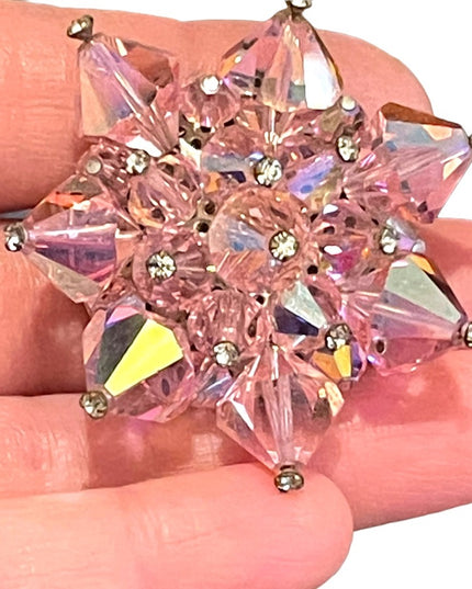 Vintage 1950s Pink chunky large heavy Czech Crystal starburst brooch flower