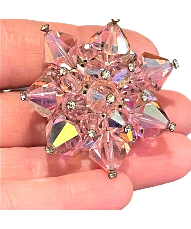 Vintage 1950s Pink chunky large heavy Czech Crystal starburst brooch flower