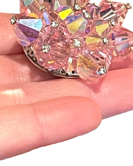 Vintage 1950s Pink chunky large heavy Czech Crystal starburst brooch flower