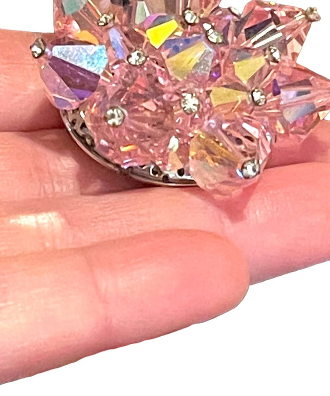 Vintage 1950s Pink chunky large heavy Czech Crystal starburst brooch flower
