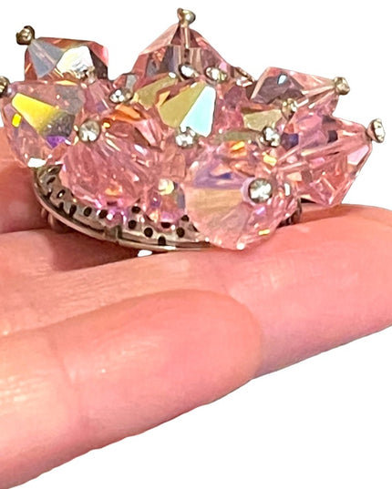 Vintage 1950s Pink chunky large heavy Czech Crystal starburst brooch flower