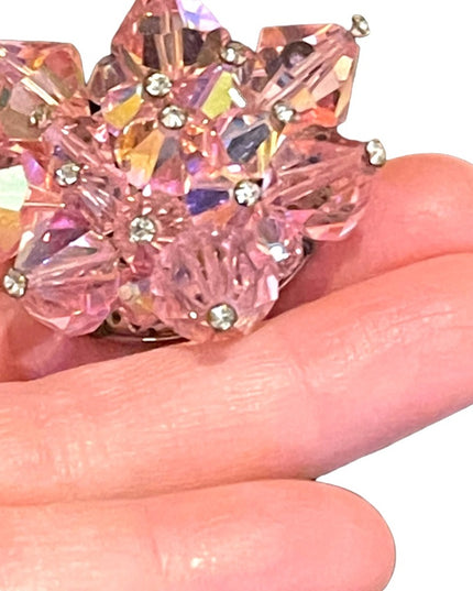 Vintage 1950s Pink chunky large heavy Czech Crystal starburst brooch flower