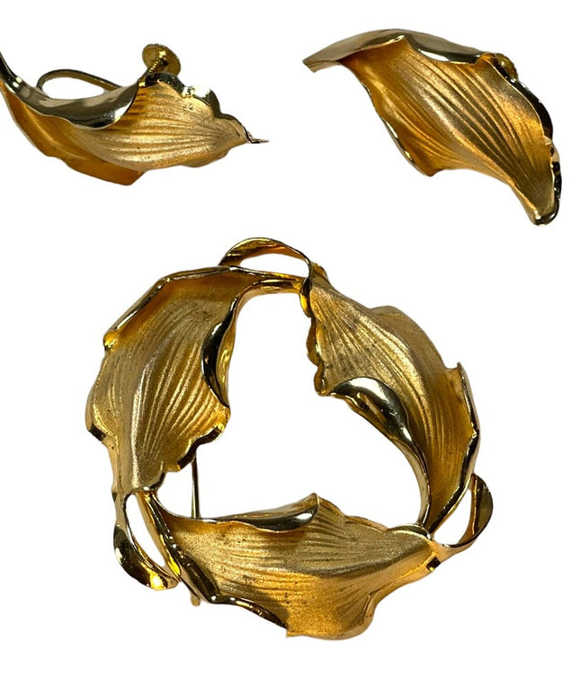 Vintage 1960s Sterling silver Boyd Bond Gold plated/filled Brooch earrings leaf