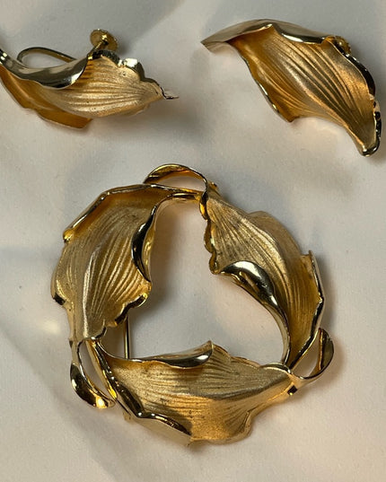 Vintage 1960s Sterling silver Boyd Bond Gold plated/filled Brooch earrings leaf