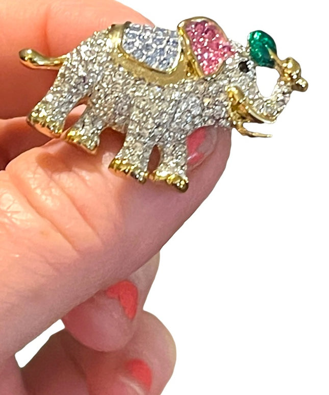Vintage 1980s La Scala Colorful Swarovski crystal elephant Gold finish fancy