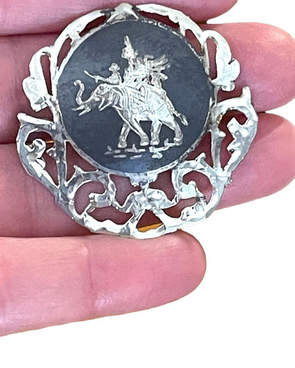 Antique Sterling silver 925 1940s Niello Siam goddess elephant nielo Brooch