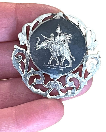 Antique Sterling silver 925 1940s Niello Siam goddess elephant nielo Brooch