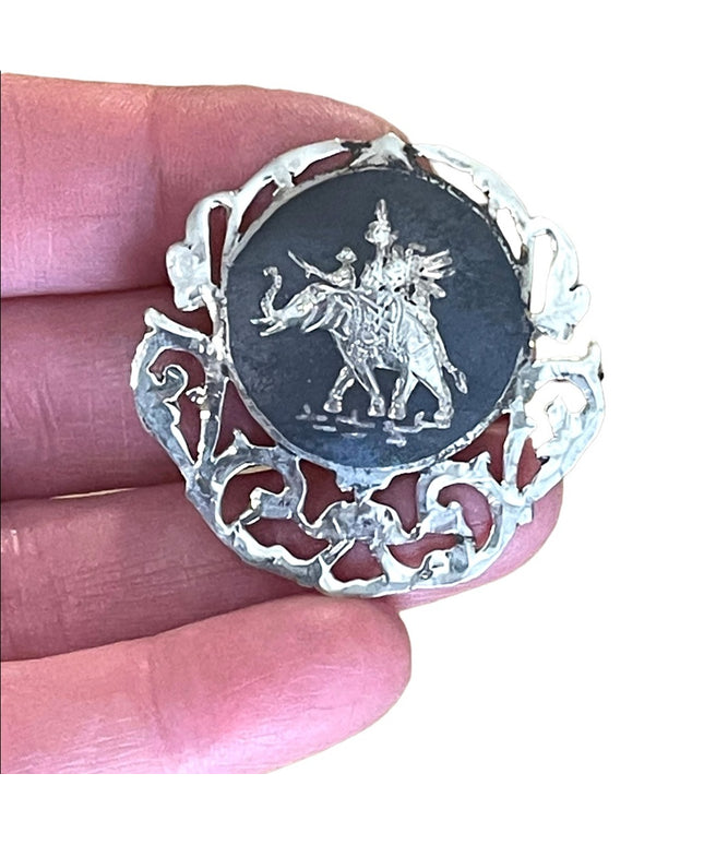 Antique Sterling silver 925 1940s Niello Siam goddess elephant nielo Brooch