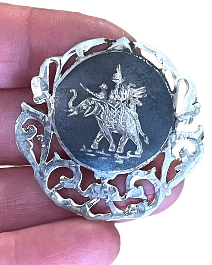 Antique Sterling silver 925 1940s Niello Siam goddess elephant nielo Brooch