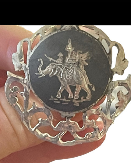 Antique Sterling silver 925 1940s Niello Siam goddess elephant nielo Brooch