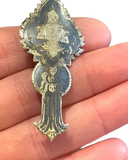 Antique Siam Sterling silver 925 1920s Sitting Budda Niello brooch