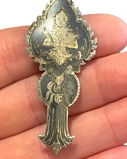 Antique Siam Sterling silver 925 1920s Sitting Budda Niello brooch