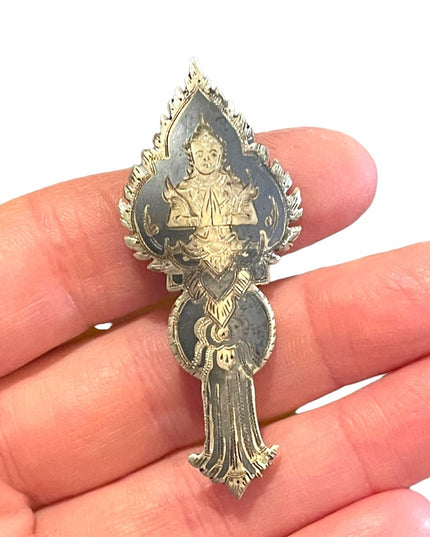 Antique Siam Sterling silver 925 1920s Sitting Budda Niello brooch