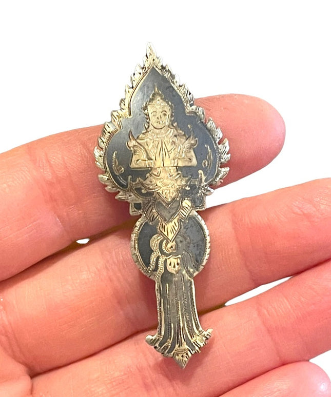 Antique Siam Sterling silver 925 1920s Sitting Budda Niello brooch