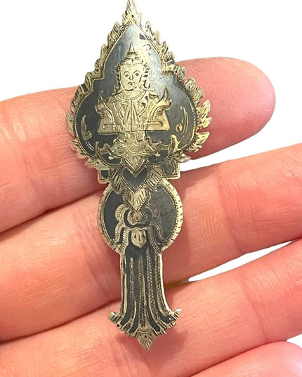 Antique Siam Sterling silver 925 1920s Sitting Budda Niello brooch