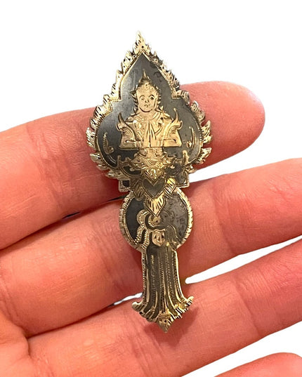 Antique Siam Sterling silver 925 1920s Sitting Budda Niello brooch