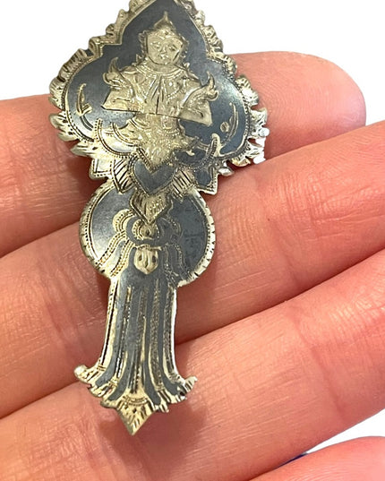 Antique Siam Sterling silver 925 1920s Sitting Budda Niello brooch