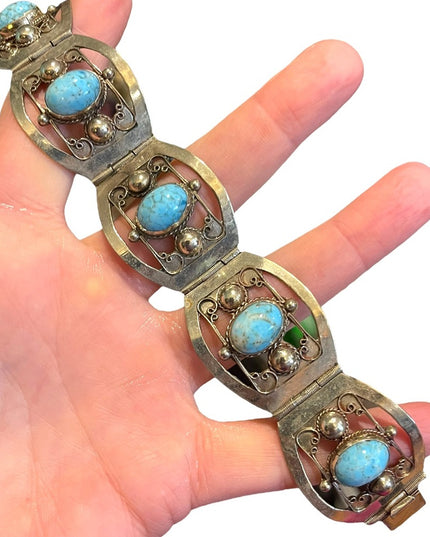 Vintage 1960s Turquois stone  Alpaca silver bangle link bracelet Mexico