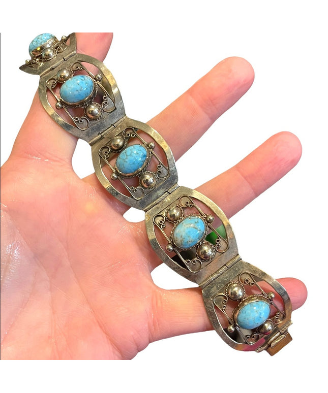 Vintage 1960s Turquois stone  Alpaca silver bangle link bracelet Mexico