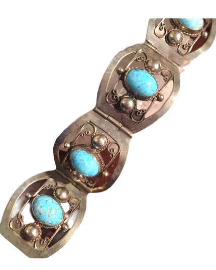 Vintage 1960s Turquois stone  Alpaca silver bangle link bracelet Mexico