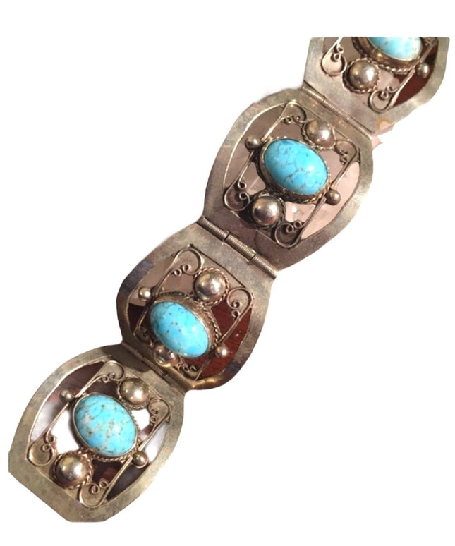 Vintage 1960s Turquois stone  Alpaca silver bangle link bracelet Mexico