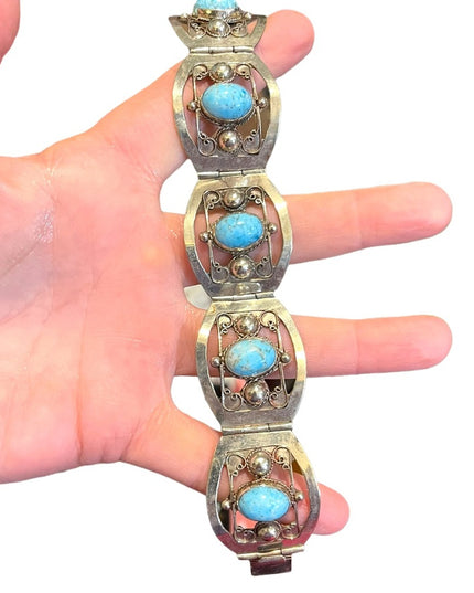 Vintage 1960s Turquois stone  Alpaca silver bangle link bracelet Mexico