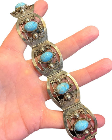 Vintage 1960s Turquois stone  Alpaca silver bangle link bracelet Mexico