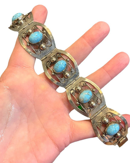 Vintage 1960s Turquois stone  Alpaca silver bangle link bracelet Mexico