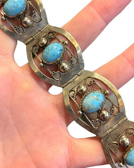 Vintage 1960s Turquois stone  Alpaca silver bangle link bracelet Mexico