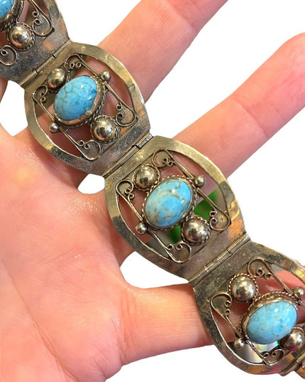 Vintage 1960s Turquois stone  Alpaca silver bangle link bracelet Mexico