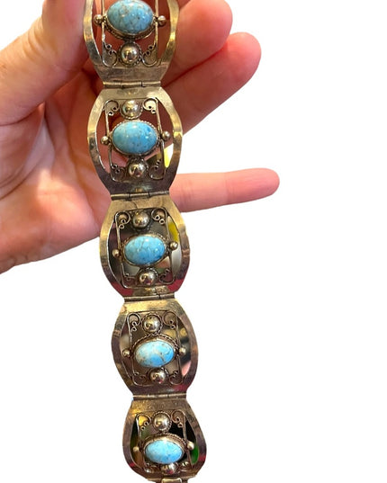 Vintage 1960s Turquois stone  Alpaca silver bangle link bracelet Mexico